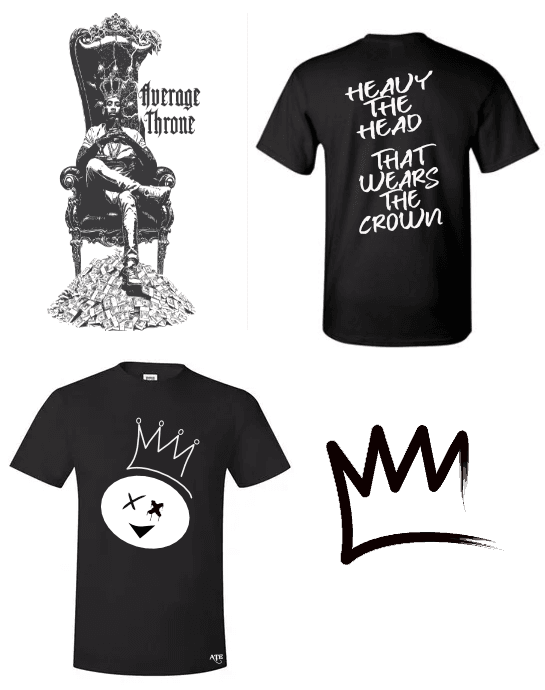 Collage of graphic t-shirts featuring crowns and quotes about power.