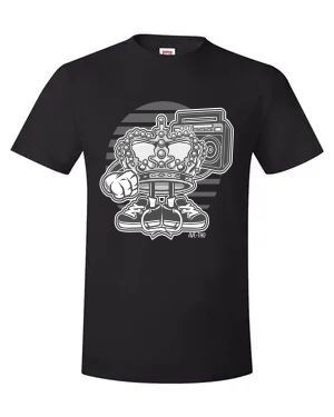Black T-shirt with a crown and boombox graphic design in white.