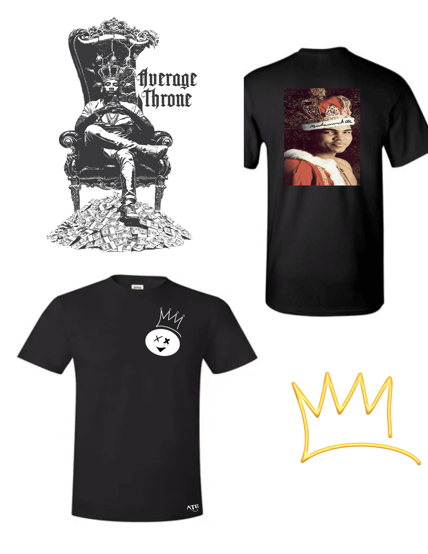 Three t-shirt designs featuring crowns and a throne theme with illustrations and graphic prints.